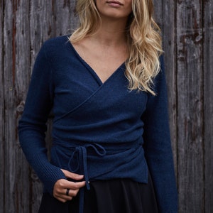 Wool wrap cardigan, Belted cardigan, Knit wool wrap cardigan with belt, Knitted wool V neck cardigan, Organic natural wool sweater in blue