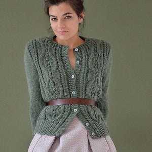 Cabled Cardigan in Alpaca and Natural Merino Wool, Dark Green, Hand Knitted, More Colors, Aran, Self-Care Sweater, Women's Knitwear