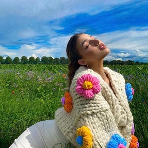 Handmade Merino Wool Floral Cardigan: Chunky Cottagecore Knitwear