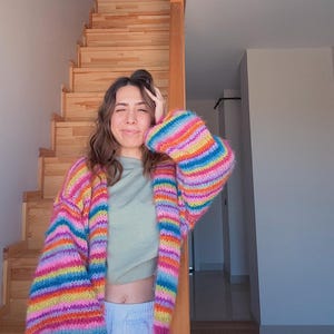 Hand-Knitted Cotton Mohair Cardigan: Colorful Striped Oversized Sweater