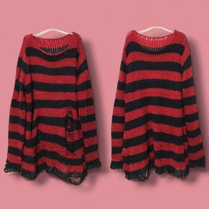 Striped Knit Oversized Sweater, Distressed Loose Fit Pullover, Grunge Soft Knitwear for Men & Women, Lightweight Long Sleeve Jumper