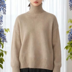 Autumn Warm Pullover Knit Sweater, Trutle Neck Lazy Knit Jumper, Natural Fabric Cozy Outfit, Relaxed Fit Knitwear, Loose Turtleneck Sweaters