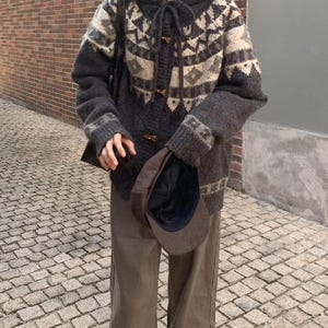 Handmade Wool Blend Fair Isle Cardigan – Cozy Winter Knit Sweater, Oversized Nordic Button Cardigan