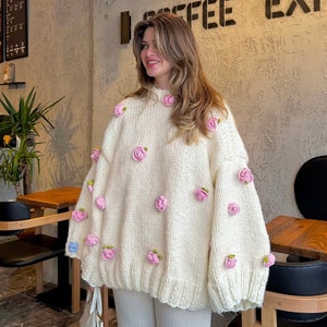 Rosalinda Hand-Knitted Oversized Cream Sweater with Pink Crochet Roses Wool Blend