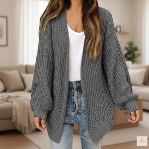 Chunky Knit Cardigan - Women's Winter Oversized Sweater, Handmade Loose Fit Lantern Sleeve Sweater